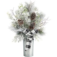 Nearly Natural 28in. Frosted Greenery and Pinecone with Plaid Bow Artificial Christmas Arrangement in Decorative Tin