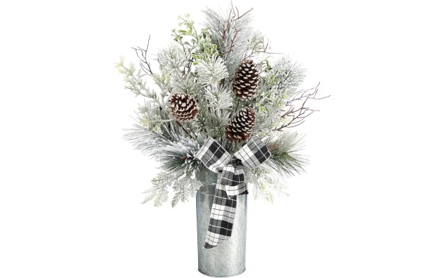  28in. Frosted Greenery and Pinecone with Plaid Bow Artificial Christmas Arrangement in Decorative Tin