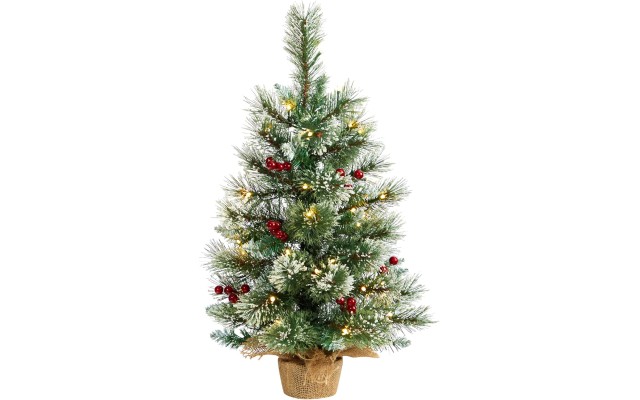 2ft. Snow Tipped Pine and Berry Artificial Christmas Tree with 35 Warm White LED Lights in Burlap Base