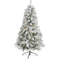 Nearly Natural 5ft. Flocked Rock Springs Spruce Artificial Christmas Tree with 150 Clear LED Lights, Green