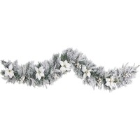 Nearly Natural 6ft. Flocked Poinsettia and Berry Artificial Christmas Garland with 50 Warm White LED Lights