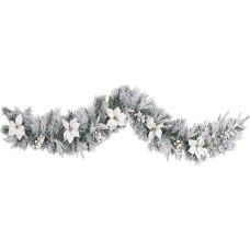 Nearly Natural 6ft. Flocked Poinsettia and Berry Artificial Christmas Garland with 50 Warm White LED Lights
