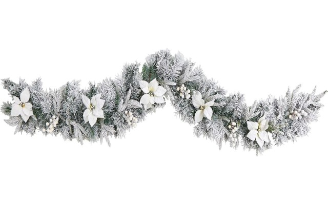  6ft. Flocked Poinsettia and Berry Artificial Christmas Garland with 50 Warm White LED Lights