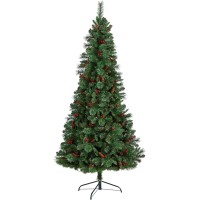 Nearly Natural 7ft. Flat Back Montreal Mountain Pine Artificial Christmas Tree with Pinecones, Berries and 210 Warm White LED Lights and 527 Bendable Branches, Green