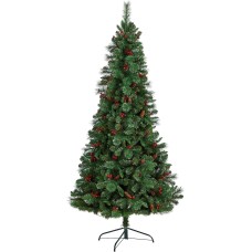 Nearly Natural 7ft. Flat Back Montreal Mountain Pine Artificial Christmas Tree with Pinecones, Berries and 210 Warm White LED Lights and 527 Bendable Branches, Green
