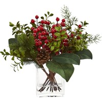 Nearly Natural Berry, Pine and Boxwood Artificial Silk Arrangements Red