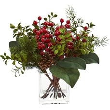 Nearly Natural Berry, Pine and Boxwood Artificial Silk Arrangements Red
