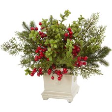 Nearly Natural Holiday Berry and Pine Artificial Flower Arrangement, Green/Red