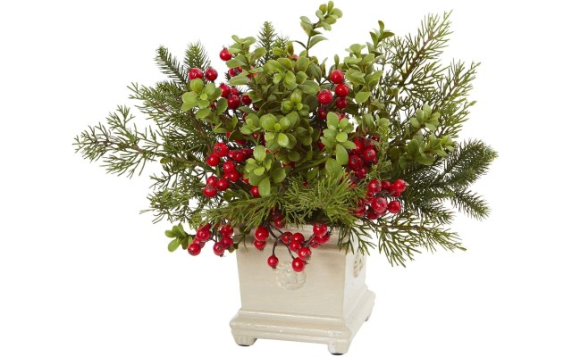  Holiday Berry and Pine Artificial Flower Arrangement, Green/Red