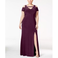 Nightway Womens Plus Size Cold-Shoulder Keyhole Gown Dress, Plum, 22W