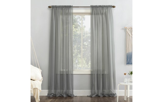  Sheer Voile Rod Pocket Top Curtain Panel, Charcoal,  59″ x 95″
