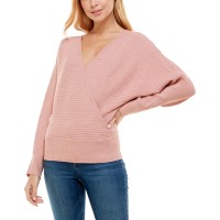 No Comment Juniors’ Dolman-Sleeve V-Back Lurex Surplice Sweater, Bridal Rose, Medium
