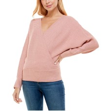 No Comment Juniors’ Dolman-Sleeve V-Back Lurex Surplice Sweater, Bridal Rose, Medium