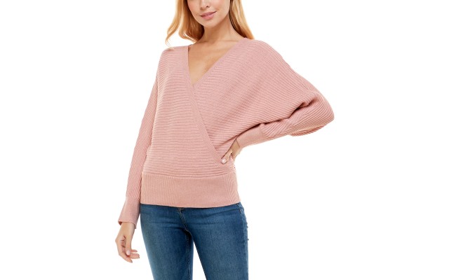  Juniors’ Dolman-Sleeve V-Back Lurex Surplice Sweater, Bridal Rose, Medium