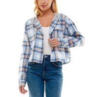 No Comment Juniors’ Hooded Plaid Shacket, Blue, Medium