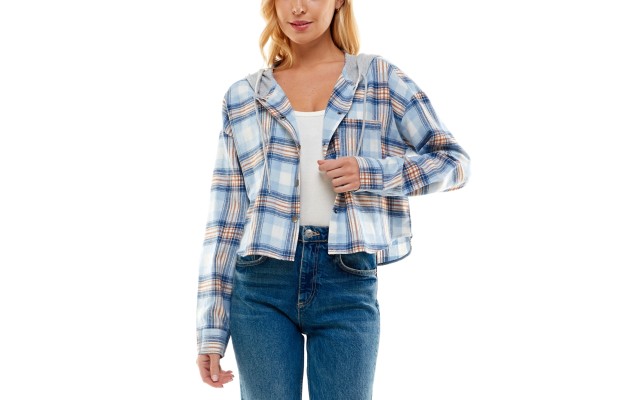  Juniors’ Hooded Plaid Shacket, Blue, Medium