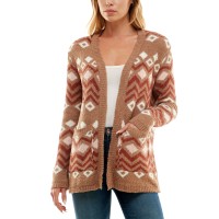 No Comment Juniors’ Printed Cozy Jacquard Teddy Cardigan, Brown Multi, Medium