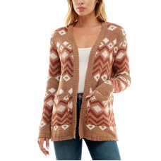 No Comment Juniors’ Printed Cozy Jacquard Teddy Cardigan, Brown Multi, Medium