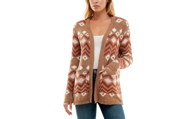  Juniors’ Printed Cozy Jacquard Teddy Cardigan, Brown Multi, Medium