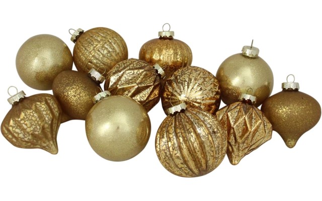  12ct Gold Mercury Glass Christmas Ornament Set 3″