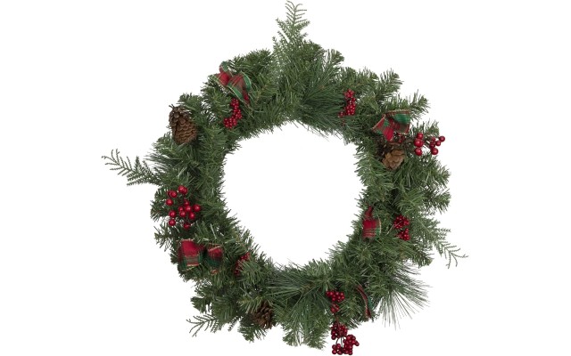  Pine Cones and Berries Artificial Christmas Wreath with Ribbon, 24-Inch, Unlit