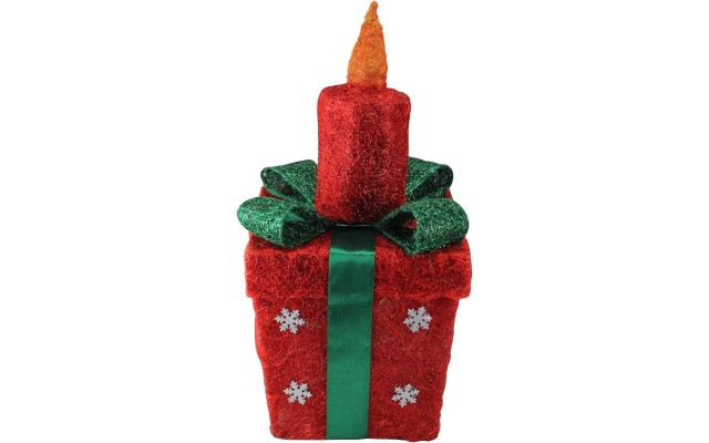  Y83828 Lighted Sparkling Sisal Present with Candle Christmas Yard Art Decoration, 20″, Red