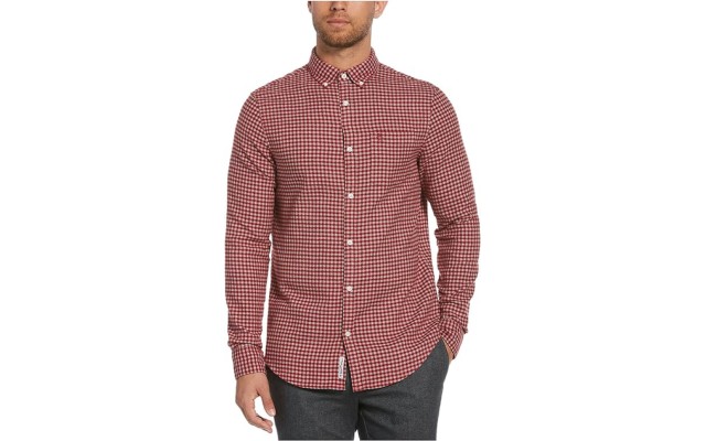  Men’s Jasper Gingham Woven Cotton Shirt, Small, Red Dahlia