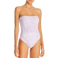 Peony Floral Print Strapless Smocked One-Piece Swimsuit , Purple, Purple, 12
