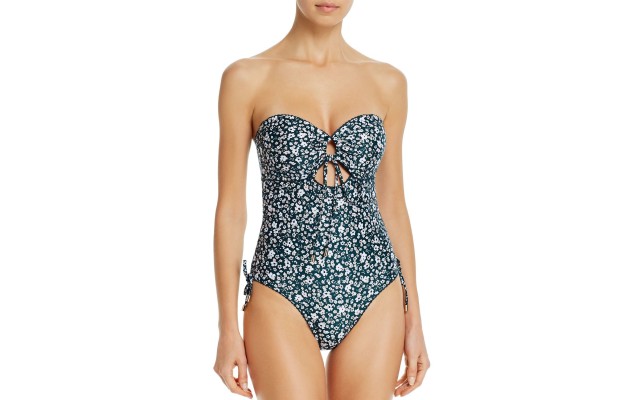  Strapless Printed Cutout One-Piece Swimsuit, Green, 8