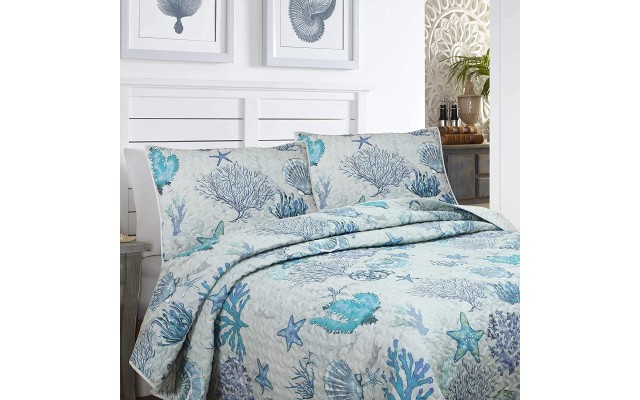  Lightweight Reversible Microfiber Quilt Bedding Set, 2 Piece, Full/Queen, Seascape Ocean