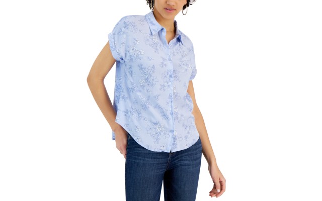  Juniors’ Dolman-Sleeve Button-Front Top, Blue, Large