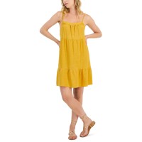 Pink Rose Juniors’ Eyelet-Trim Sleeveless Tiered Dress, Golden Mirage, Small