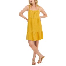 Pink Rose Juniors’ Eyelet-Trim Sleeveless Tiered Dress, Golden Mirage, Small