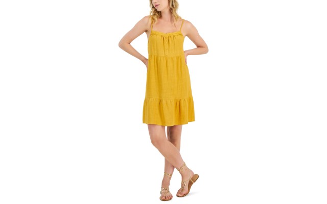  Juniors’ Eyelet-Trim Sleeveless Tiered Dress, Golden Mirage, Small