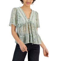 Pink Rose Juniors’ Floral-Print Flutter-Sleeve V-Neck Top, Green, Small