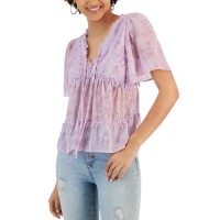 Pink Rose Juniors’ Floral-Print Flutter-Sleeve V-Neck Top, Lilac, Small
