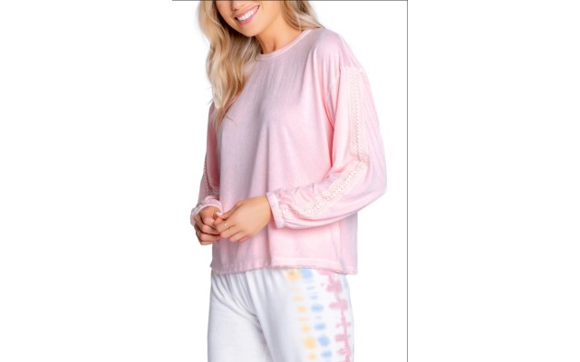  Sunset Crochet Inset French Terry Top, Pink, Medium