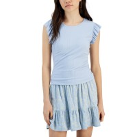 Planet Gold Juniors’ Ribbed Flutter-Sleeve Top, Blue, Medium