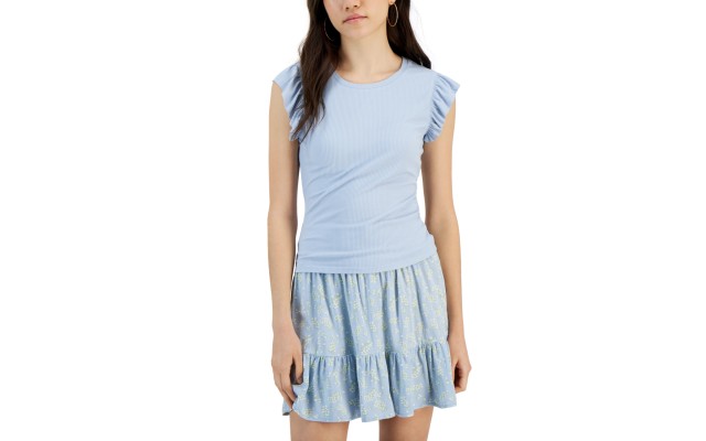  Juniors’ Ribbed Flutter-Sleeve Top, Blue, Medium