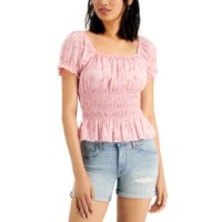 Planet Gold Juniors’ Smocked Puff-Sleeve Eyelet Top, Zephyr, Large