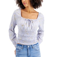 Planet Gold Juniors Square-Neck Smocked Top, Blue Fog, Large