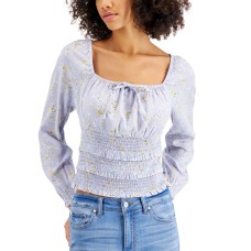 Planet Gold Juniors Square-Neck Smocked Top, Blue Fog, Large
