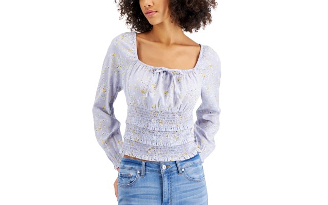 Planet Gold Juniors Square-Neck Smocked Top, Blue Fog, Large