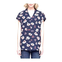 Pleione Henley Blouse Print Shirt With Front Chest Pocket, A Flower Navy, XX-Large