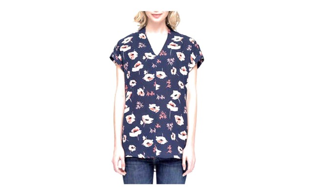  Henley Blouse Print Shirt With Front Chest Pocket, A Flower Navy, XX-Large