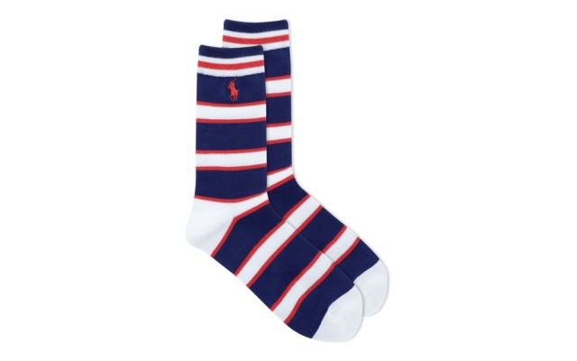  Stripe On Ribbed Crew Socks, Navy, 9-11