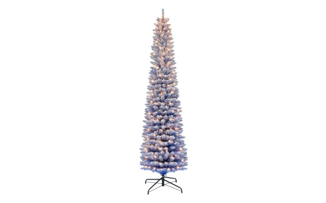  7.5′ Pre-Lit Flocked Fashion Pencil Tree with 300 Clear Incandescent Lights, 708 Tips – Blue