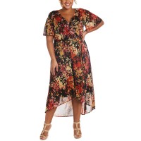 R & M Richards Plus Size Floral-Print Faux-Wrap Dress, Rustcopper/ 16W
