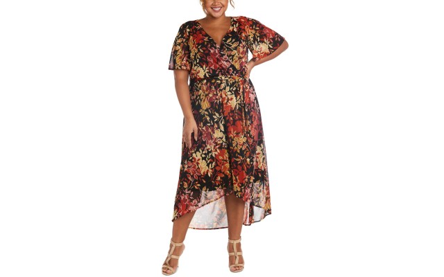 R & M Richards Plus Size Floral-Print Faux-Wrap Dress, Rustcopper/ 16W
