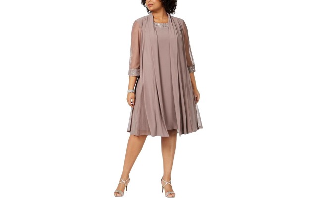 R & M Richards Plus-Size Embellished Dress & Jacket Set, Taupe, 16W